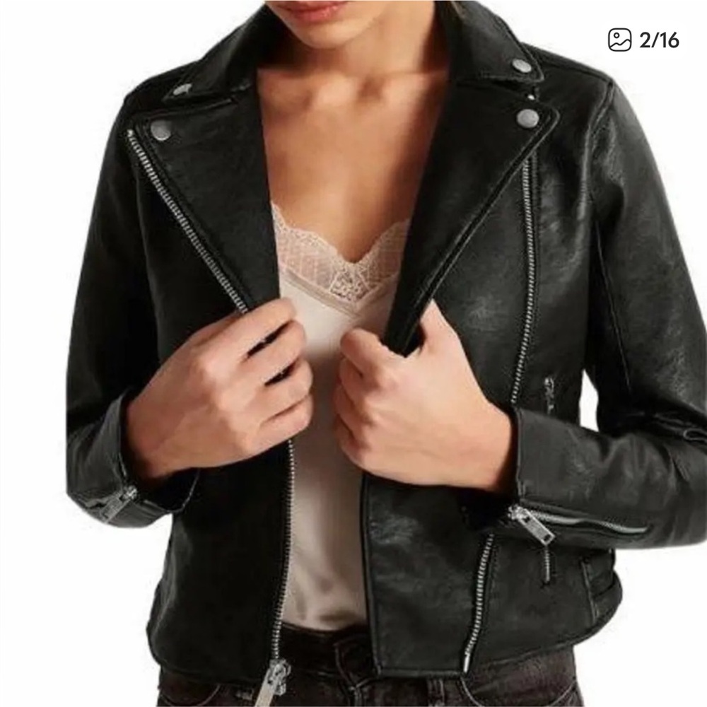 American Eagle Outfitters Black Faux Leather Jacket with Navy Label